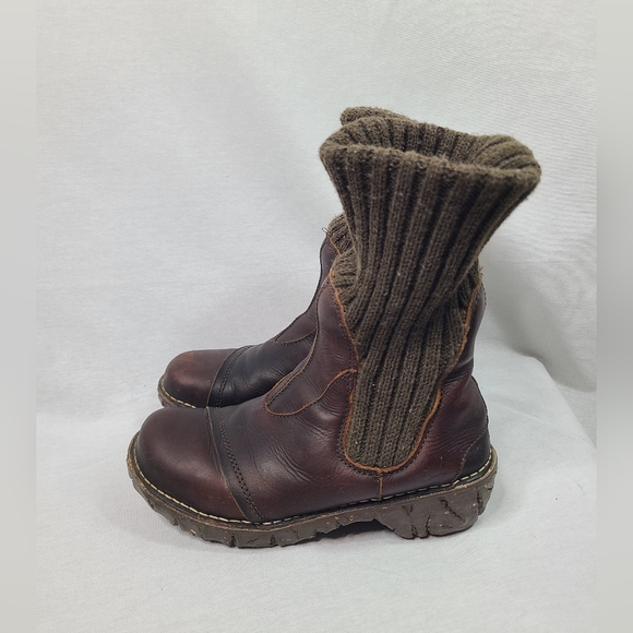 El Naturalista Brown Pull On Knit Leather Mid Calf Sock boots- Unisex - Picture 7 of 13